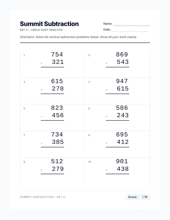 Summit Subtraction Worksheet 3