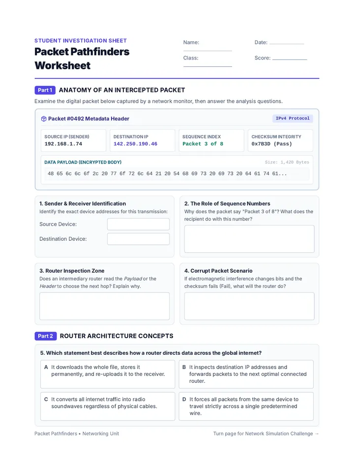 Packet Pathfinders Activity Worksheet