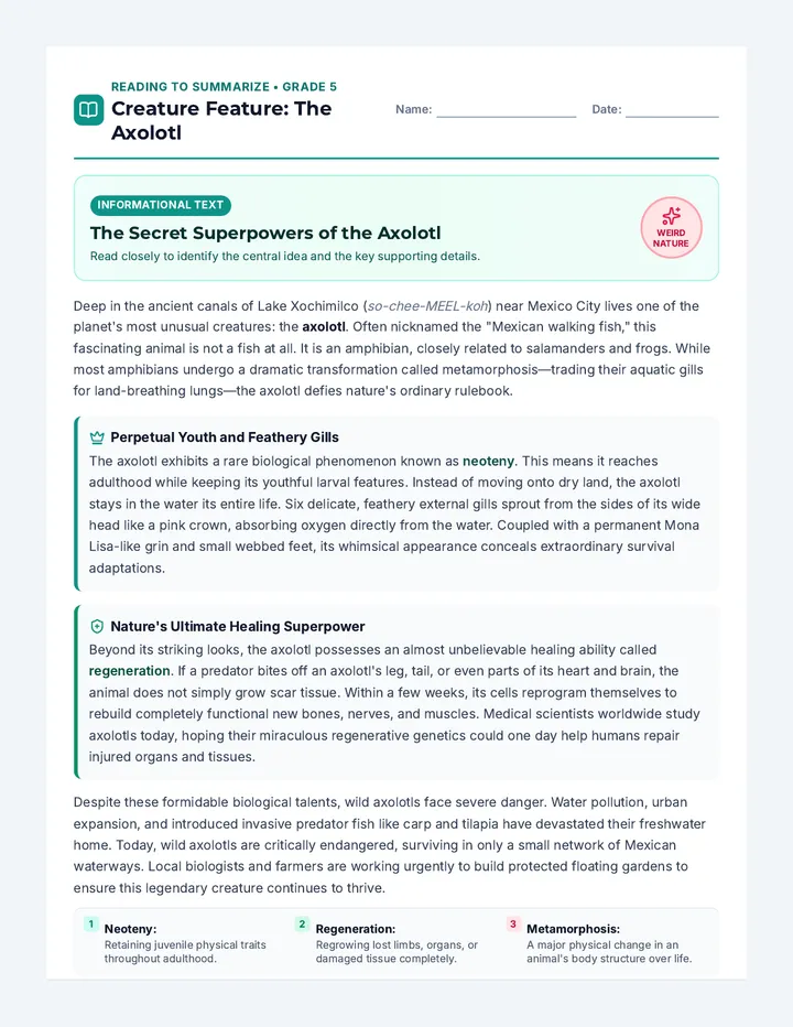 Axolotl Secrets Summary Worksheet