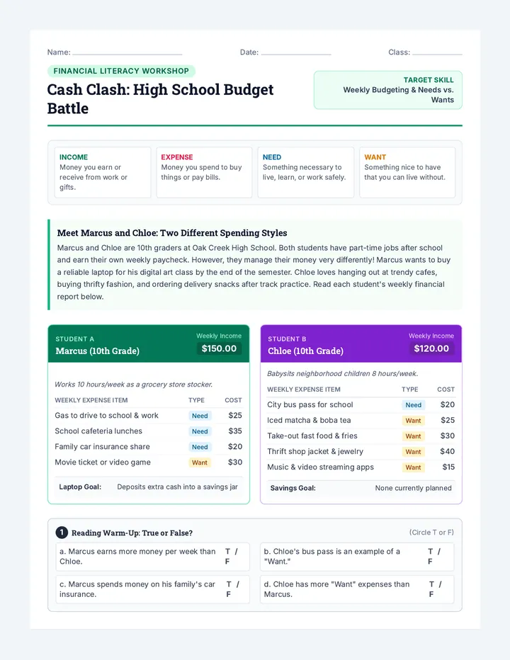 Cash Clash Worksheet