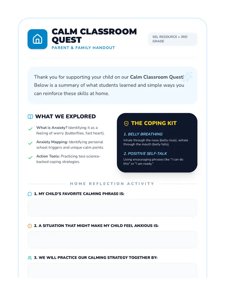 Calm Classroom Parent Handout Worksheet