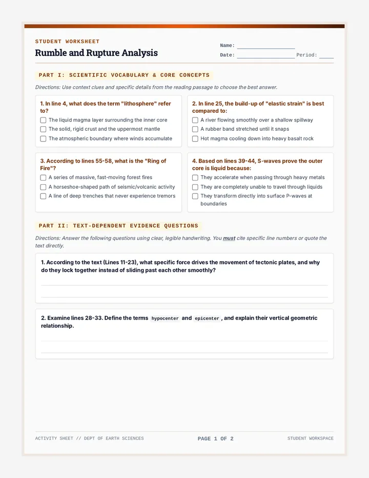 Rumble and Rupture Activity Sheet