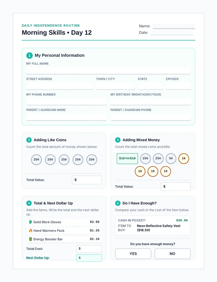 Morning Skills Day 12 Worksheet