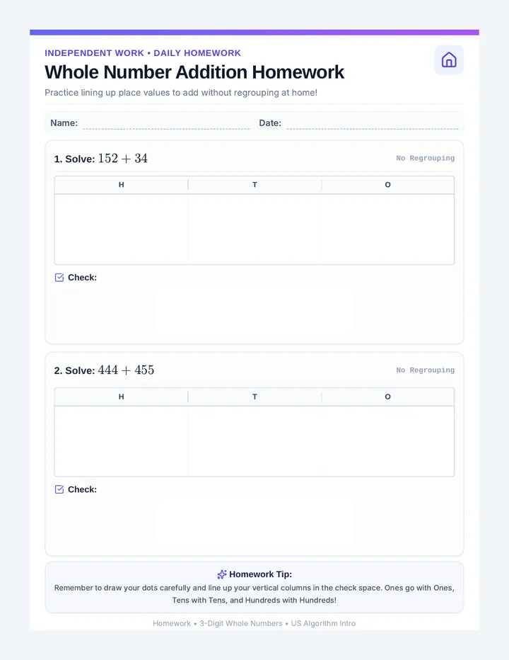 Whole Number Addition Homework