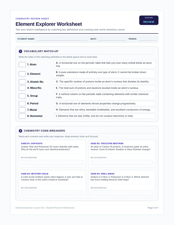 Element Explorer Matching Worksheet