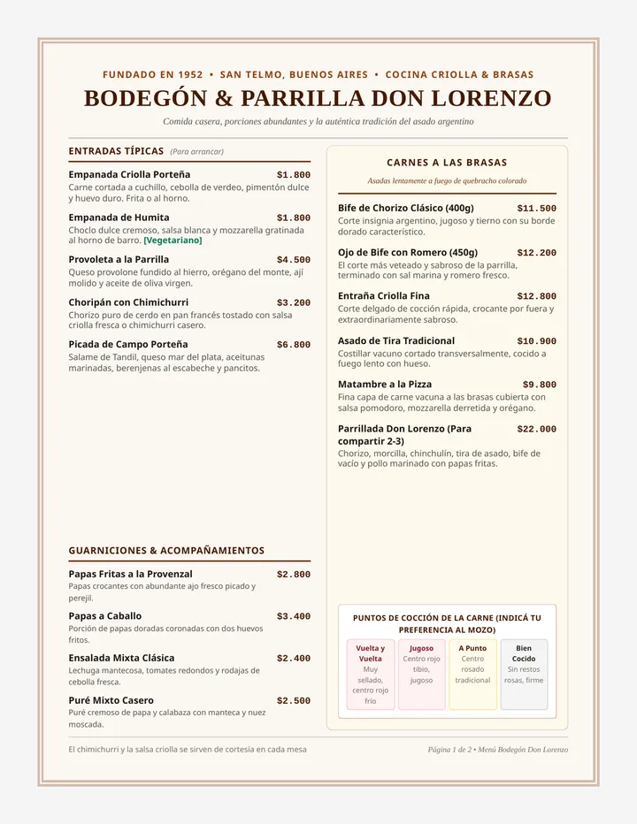 Bodegón Porteño Menu