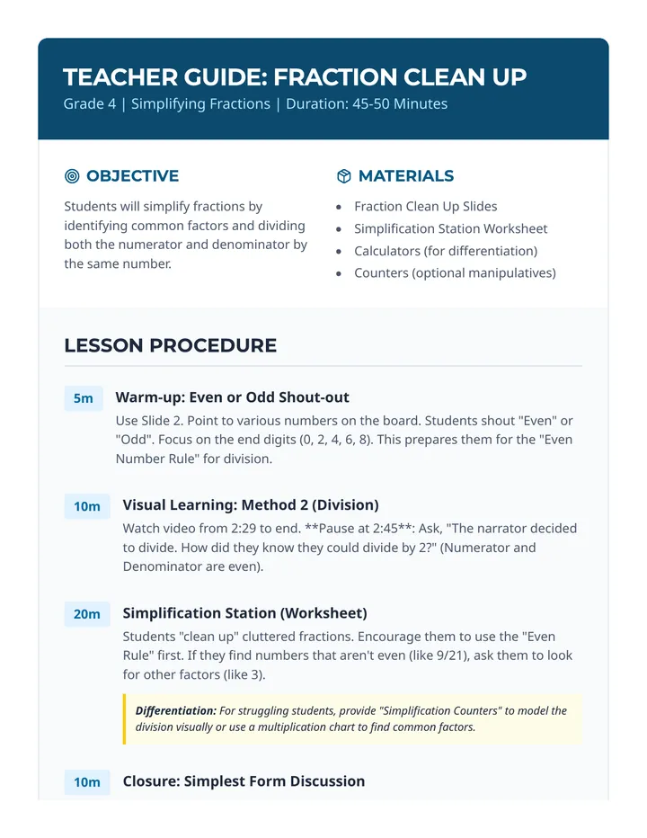 Fraction Clean Up Teacher Guide