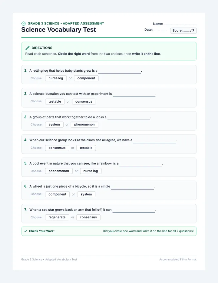 Science Vocabulary Adapted Test