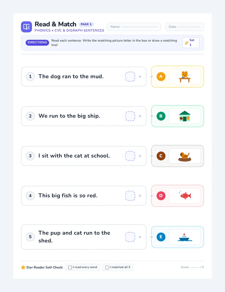 Phonics Picture Match Worksheet