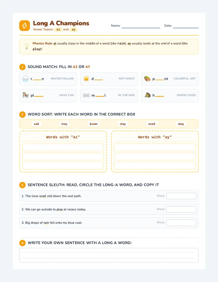 Long A Champions Worksheet