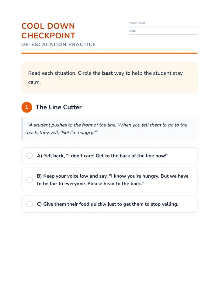 Cool Down Scenarios Worksheet