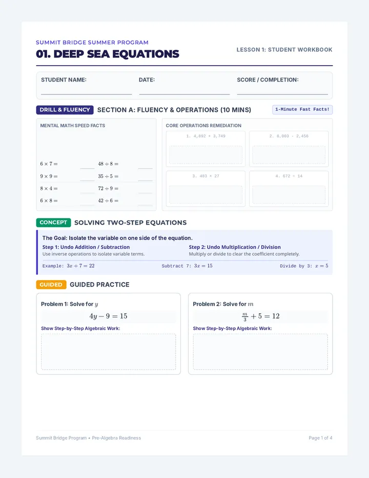 Deep Sea Equations Workbook