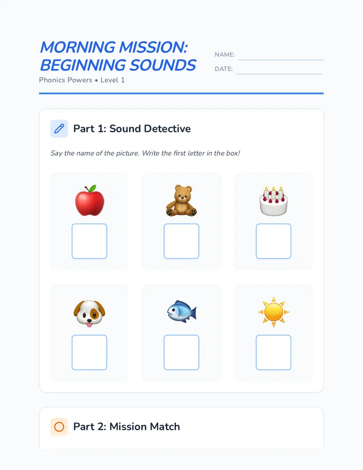Beginning Sounds Mission Worksheet