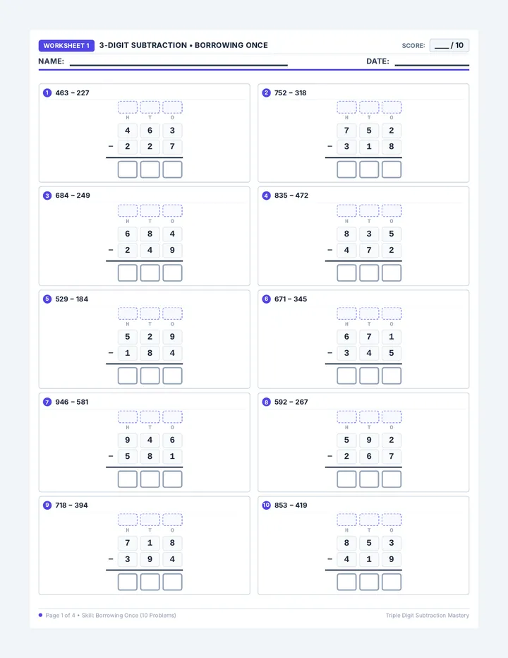 Subtraction Regrouping Practice Packet