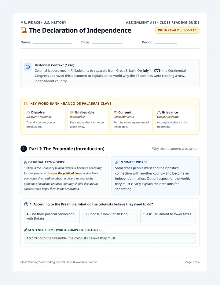 Independence Close Reading Worksheet