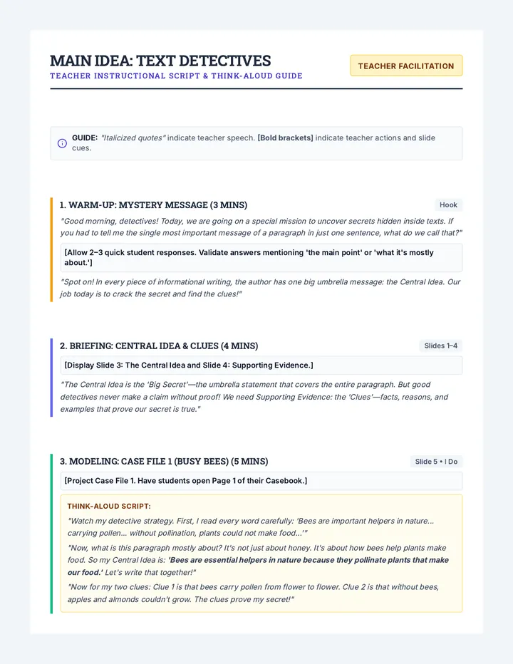 Main Idea Detective Script