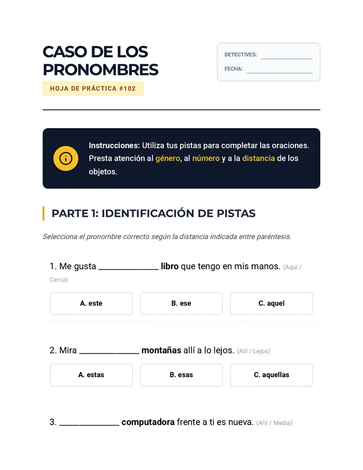 Caso de los Pronombres Worksheet