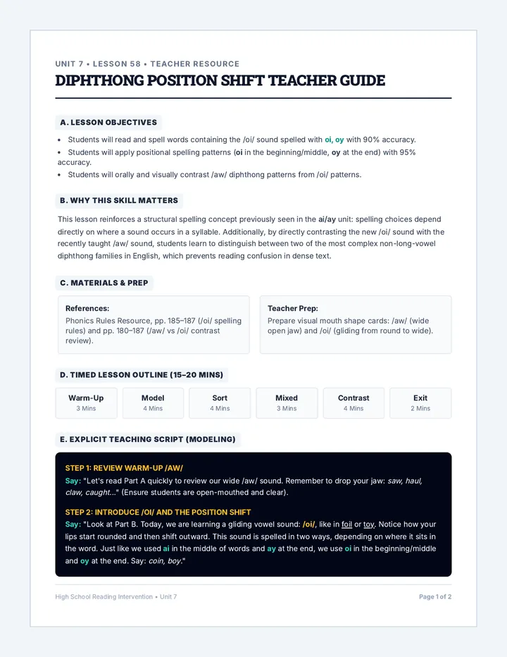 Diphthong Position Shift Teacher Guide