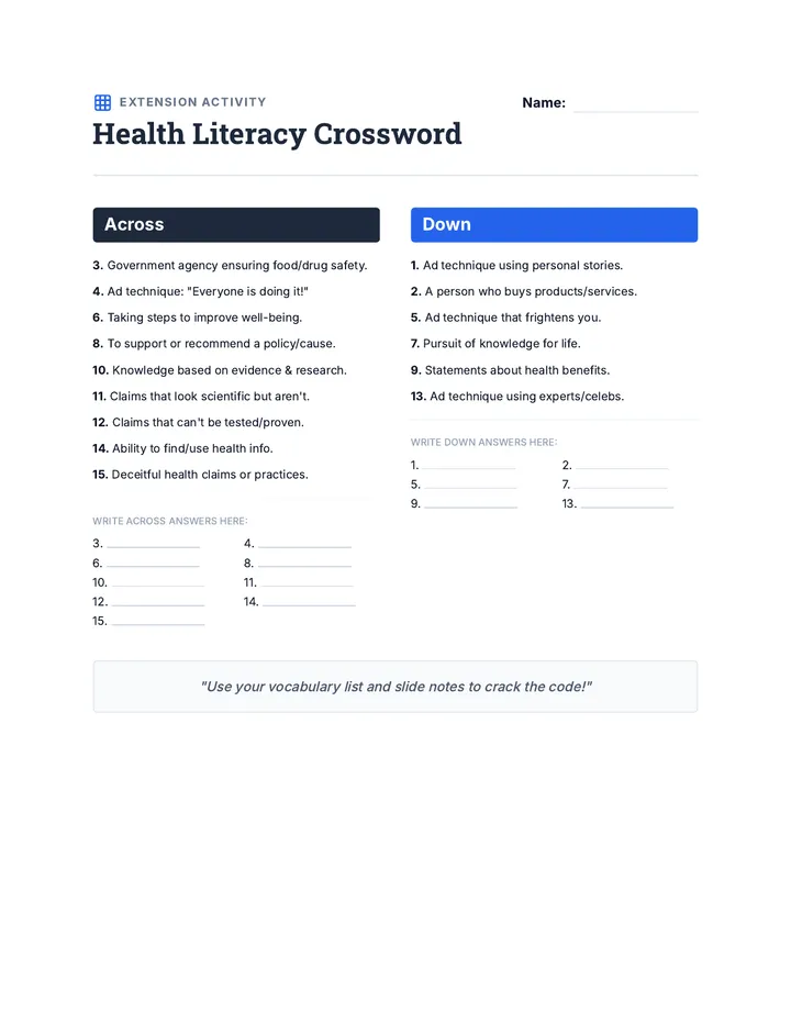 Health Literacy Crossword Puzzle