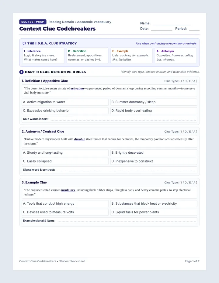 Context Clue Codebreakers Worksheet
