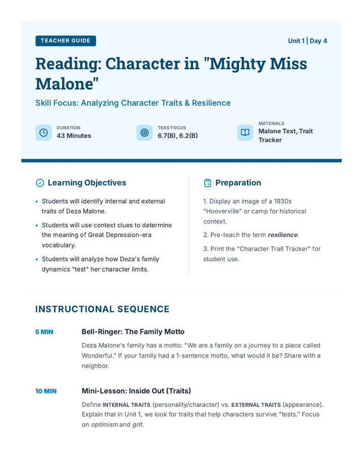Reading Day 4 Teacher Guide