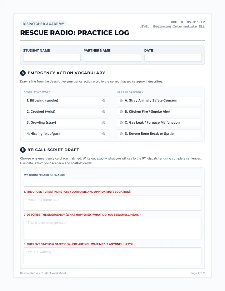 Rescue Radio Worksheet