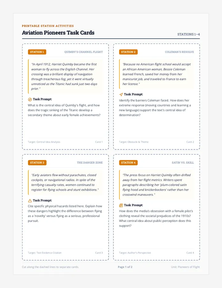 Aviation Pioneers Task Cards