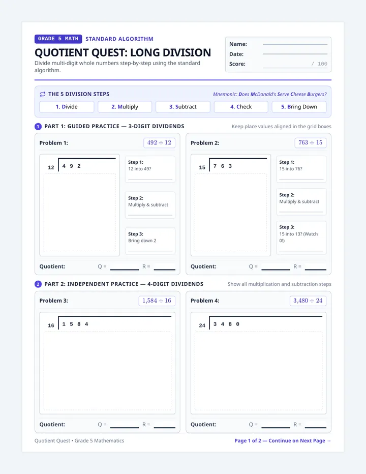 Quotient Quest Worksheet