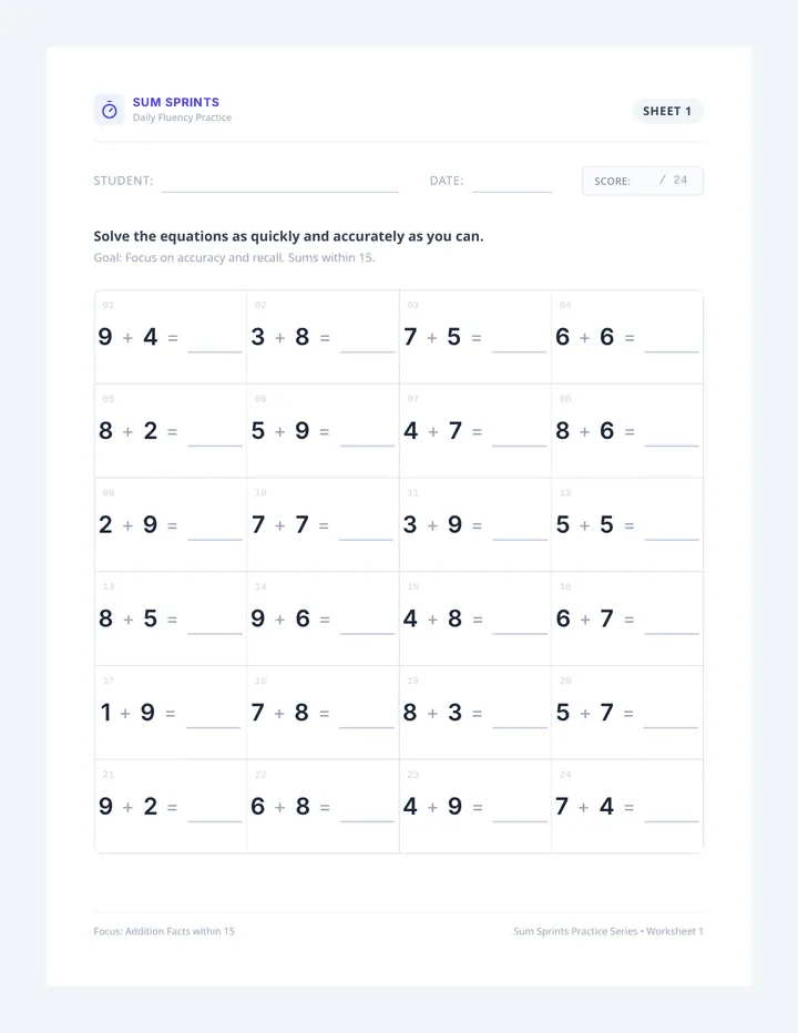 Sum Sprint Worksheet One