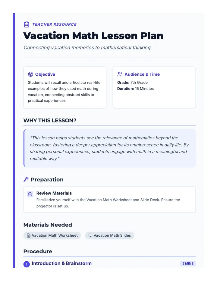 Vacation Math Lesson Plan