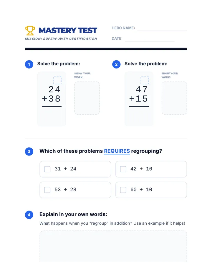 Regrouping Superpower Mastery Test