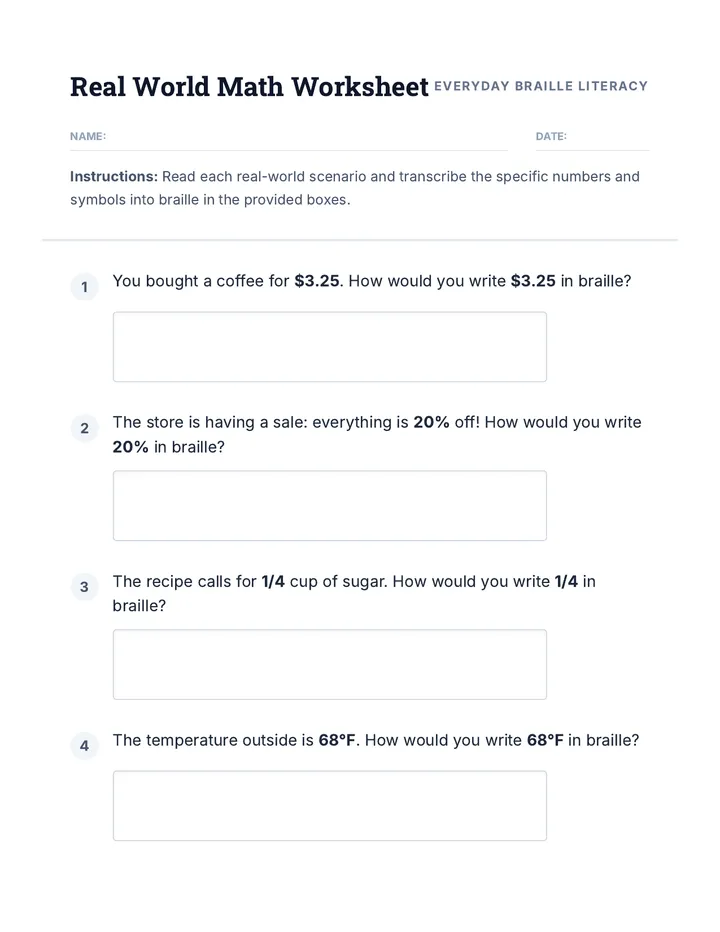 Real World Math Worksheet