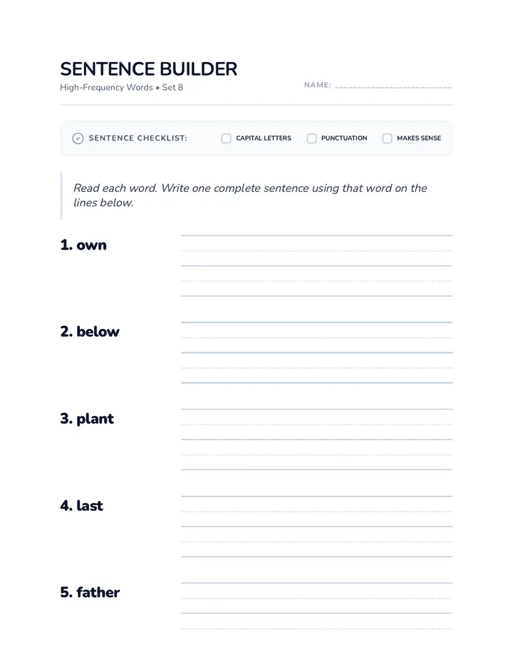 Sentence Builder Set 8 Worksheet