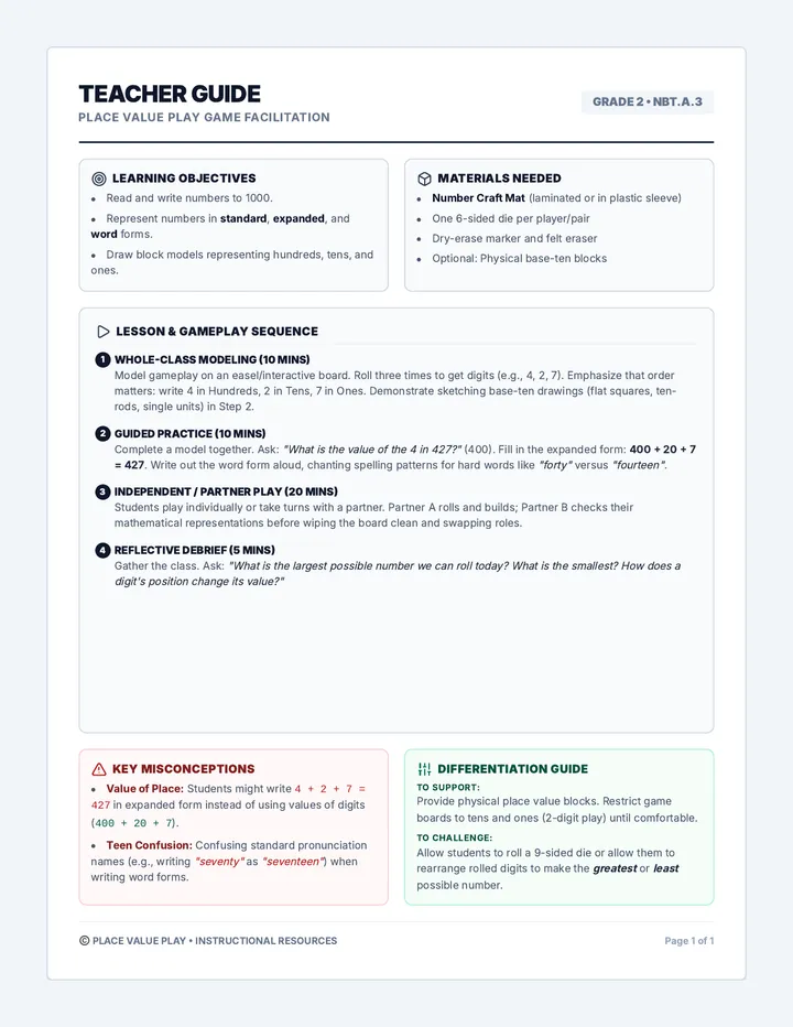 Place Value Teacher Guide page 1