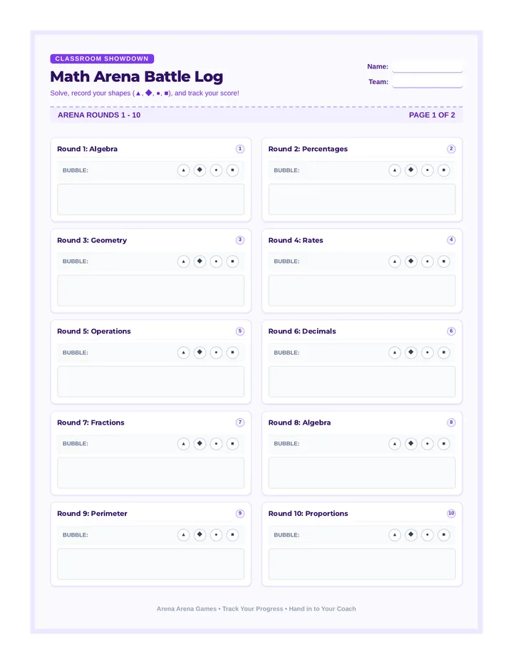 Math Arena Battle Log Worksheet