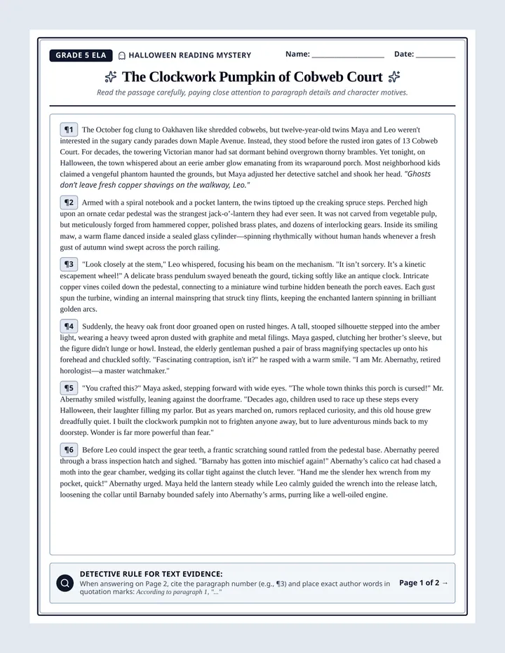 Cobweb Court Reading Worksheet