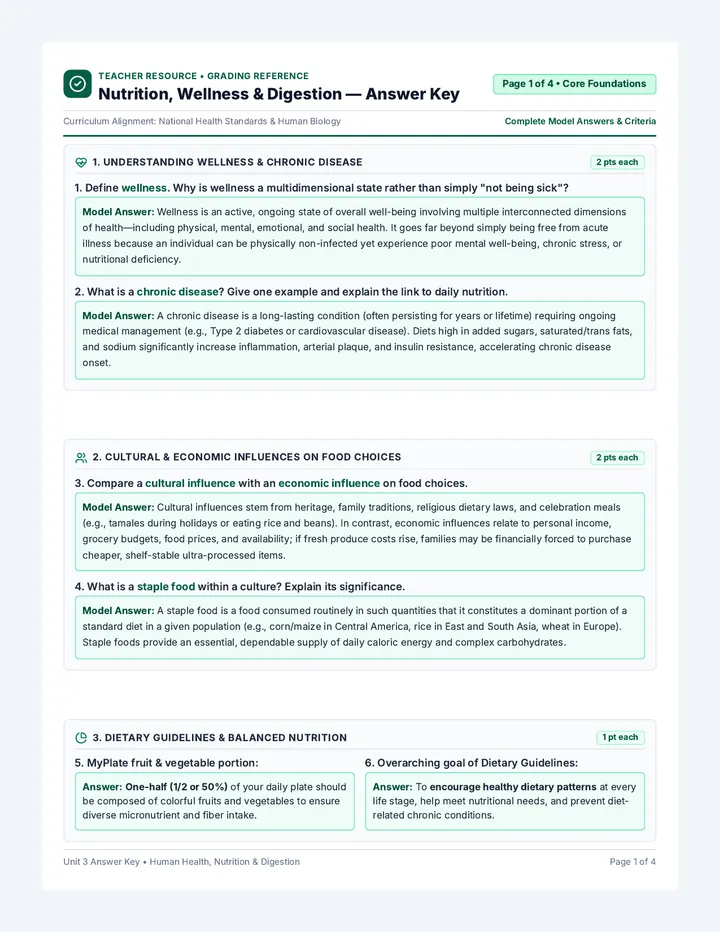 Nutrition and Digestion Answer Key