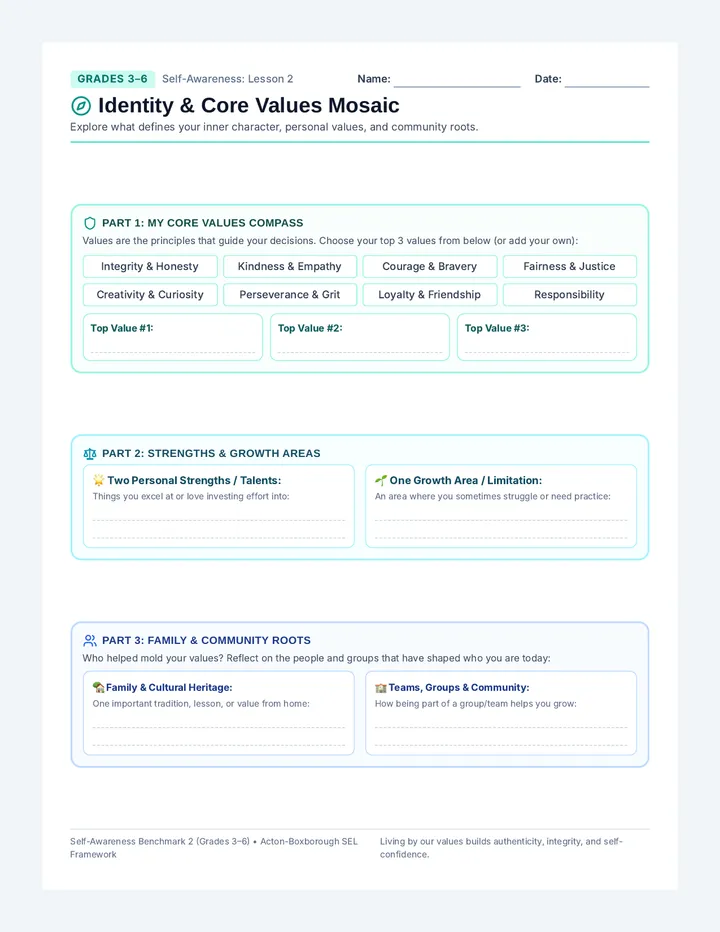 Values Mosaic Intermediate Worksheet