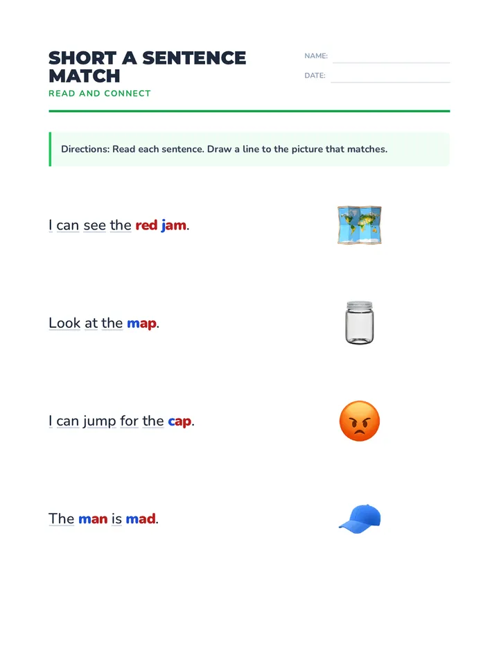 Short a Sentence Match Worksheet