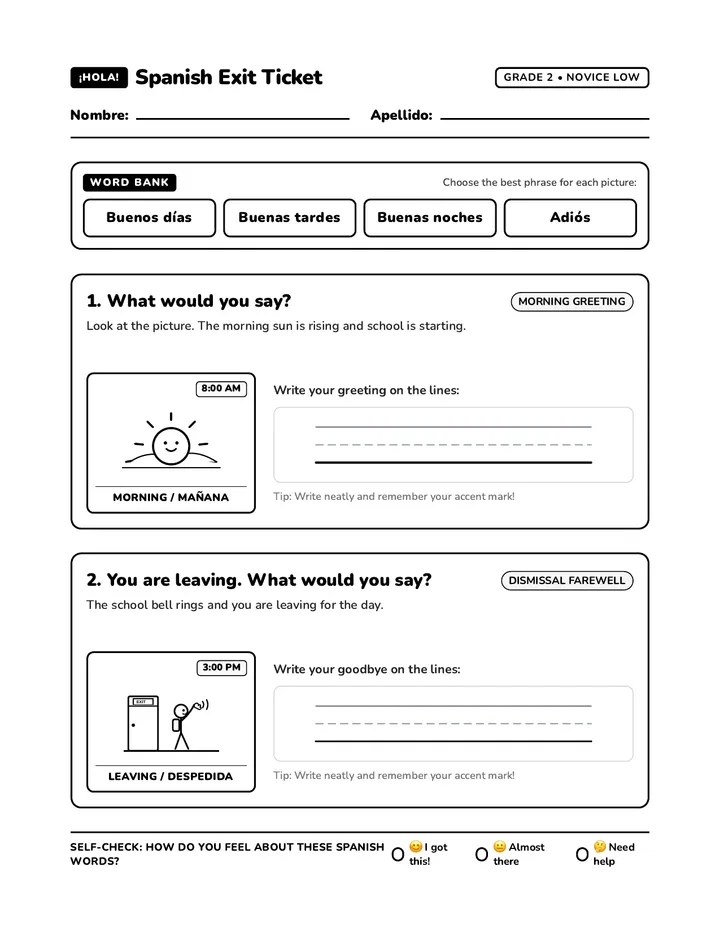 Spanish Greetings Exit Ticket