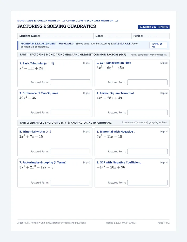 Quadratic Factoring Worksheet