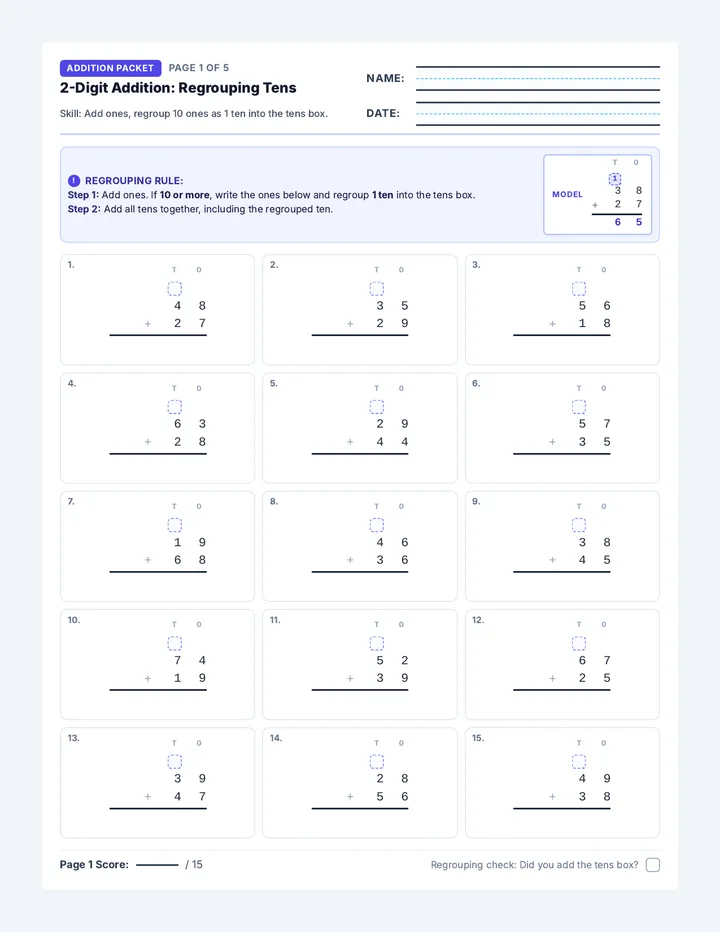 Regrouping Addition Packet