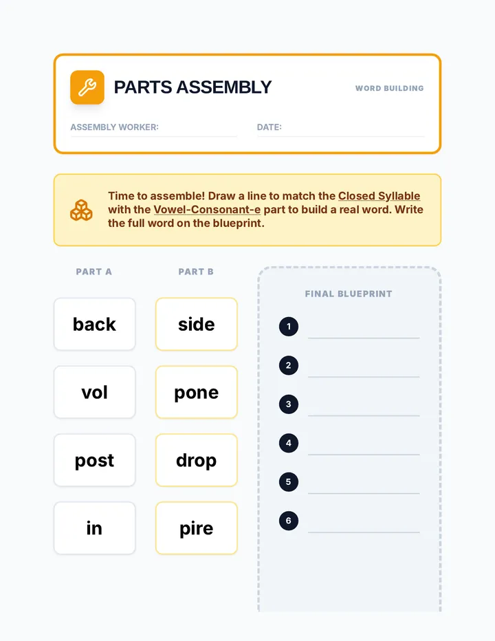 Parts Assembly Building Worksheet
