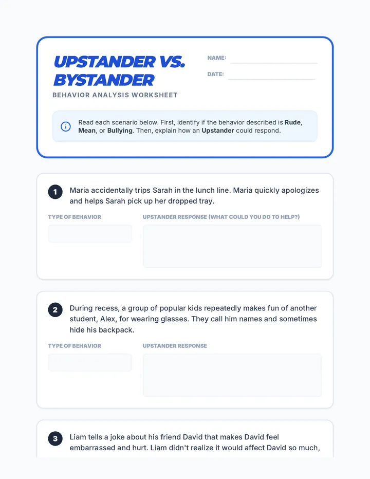 Upstander vs Bystander Worksheet