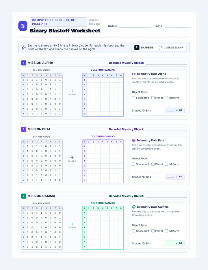 Binary Blastoff Worksheet