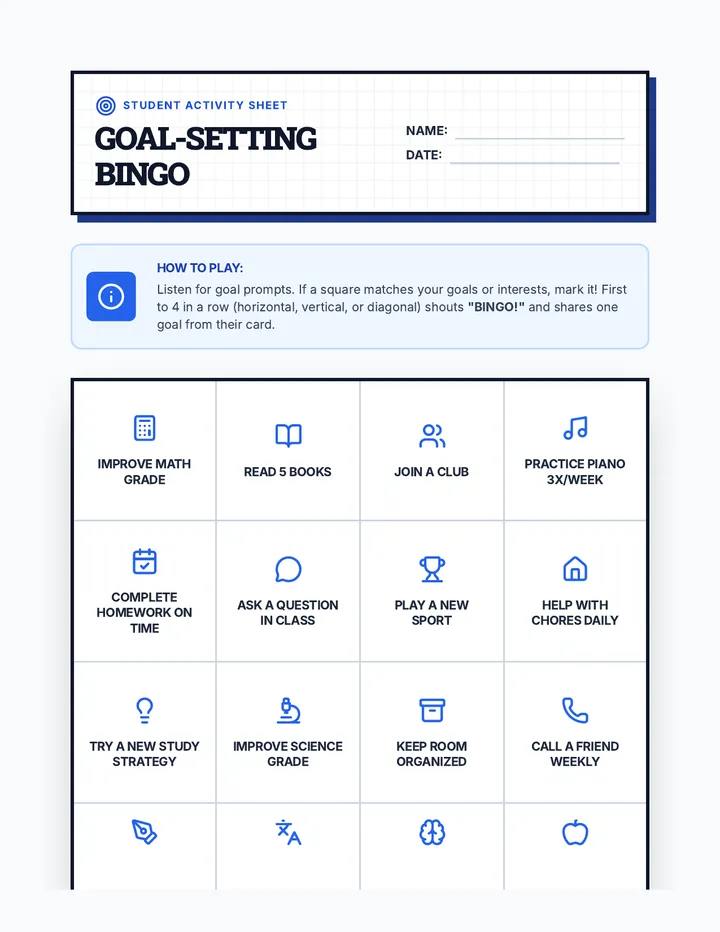 Goal Setting Bingo Game Activity