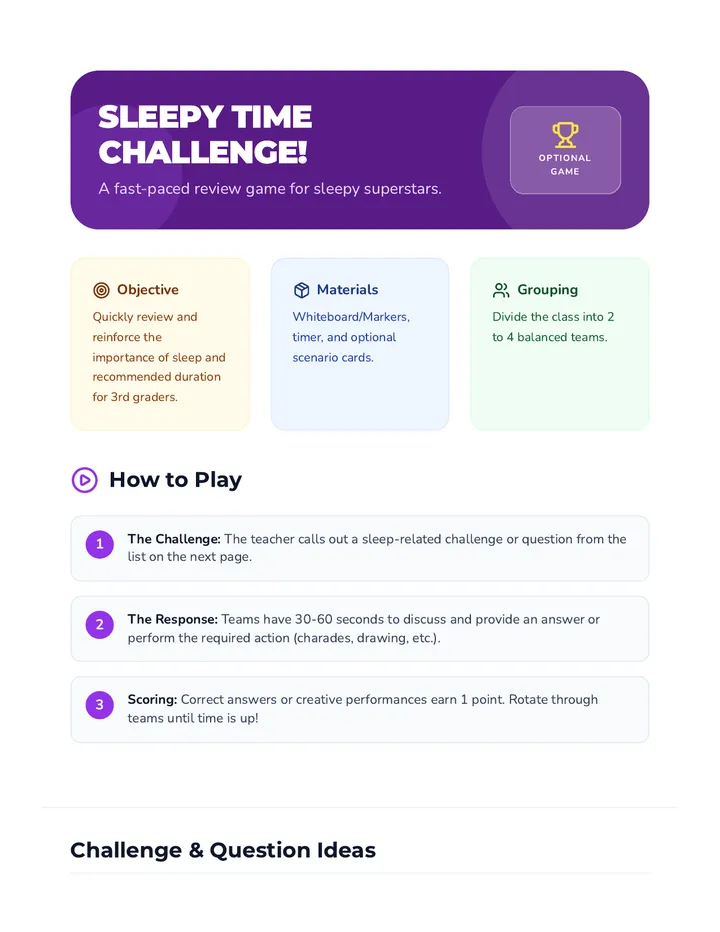 Sleepy Time Challenge Game Guide