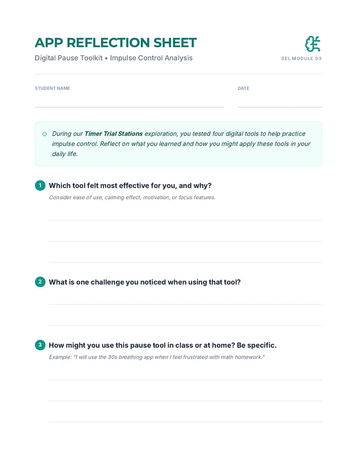 App Reflection Sheet Worksheet