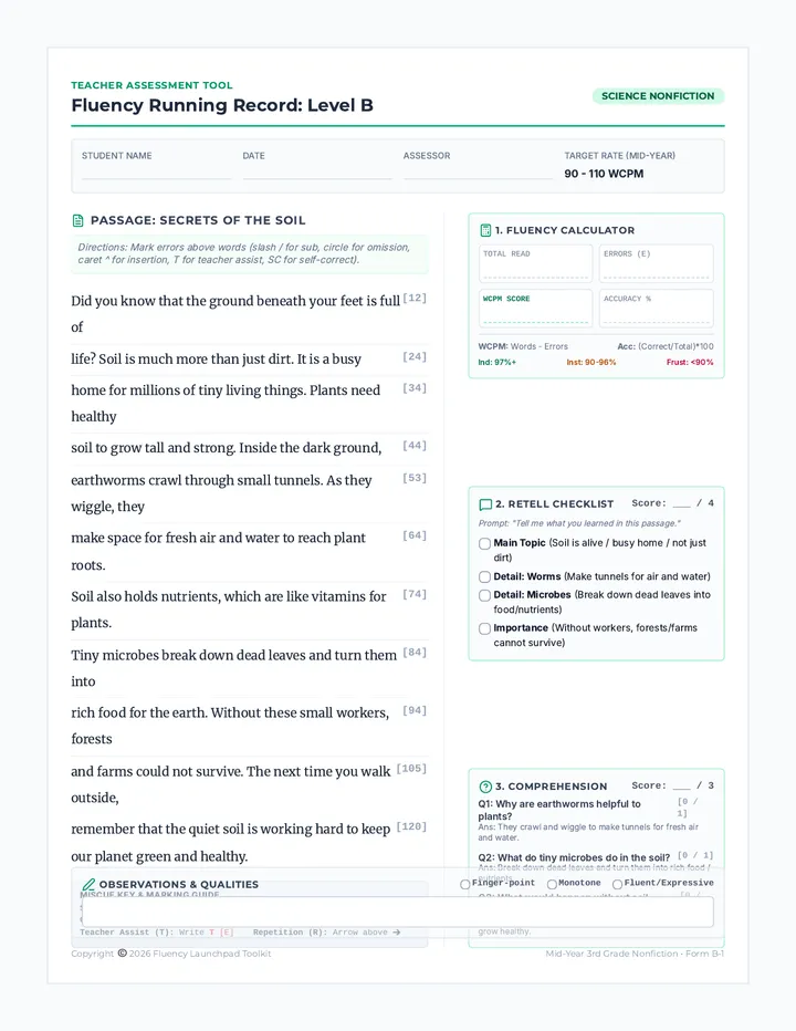 Nonfiction Running Record Teacher Sheet