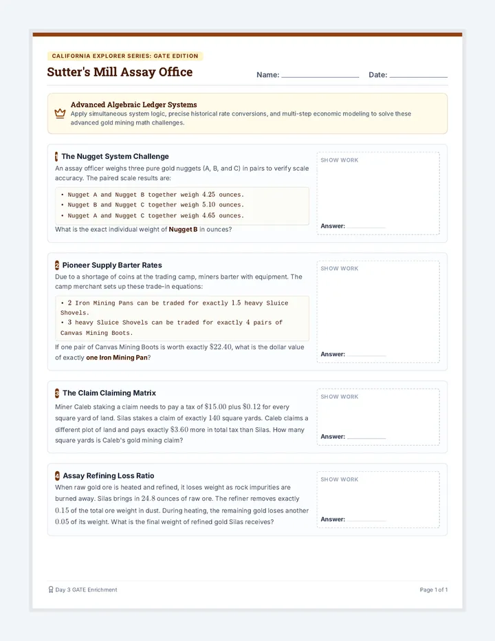 Gold Rush Quest GATE Math Worksheet